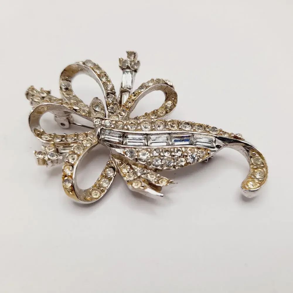 Vintage PELL Clear Rhinestone Brooch Baguettes Silver Tone 1960s